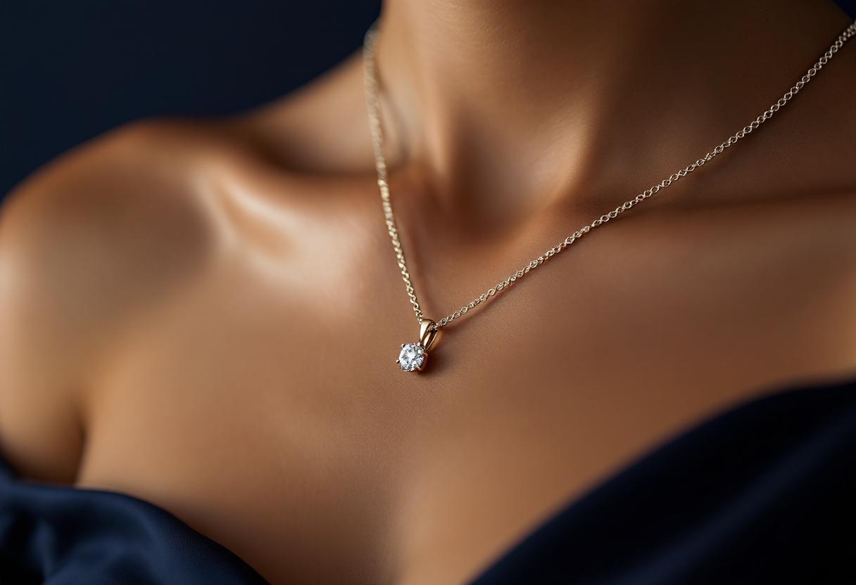 A diamond pendant on a fine platinum chain resting on a collarbone.