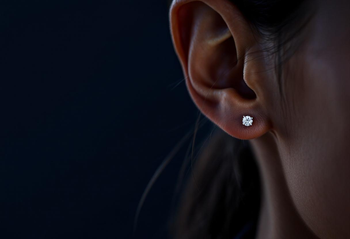 A diamond stud earring in profile, editorial macro on deep navy.