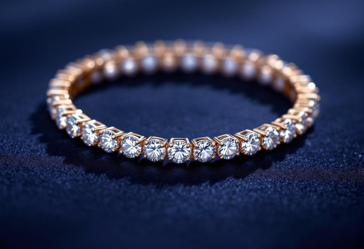 A diamond bracelet curved across deep navy velvet, each stone catching a warm highlight.