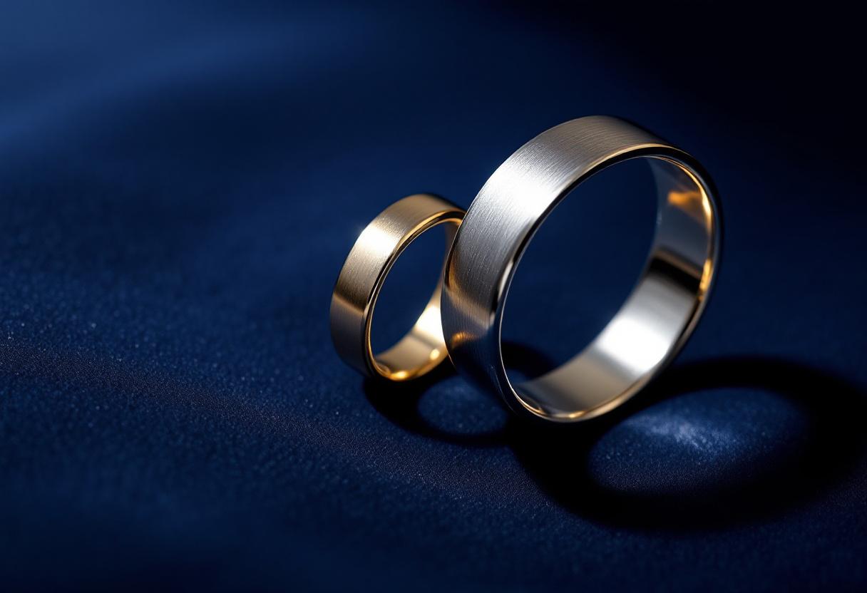 A pair of platinum and 18k yellow gold wedding bands resting on deep navy velvet.